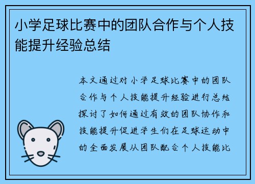 小学足球比赛中的团队合作与个人技能提升经验总结