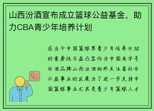 山西汾酒宣布成立篮球公益基金，助力CBA青少年培养计划