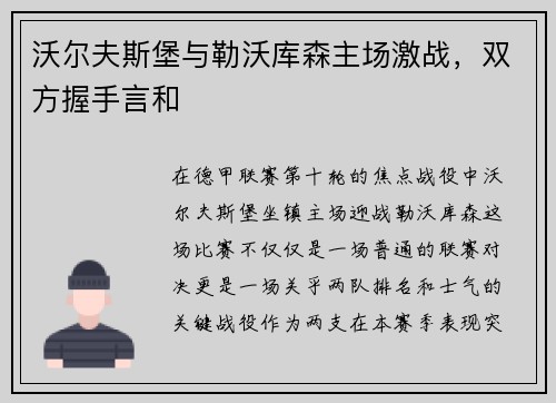 沃尔夫斯堡与勒沃库森主场激战，双方握手言和
