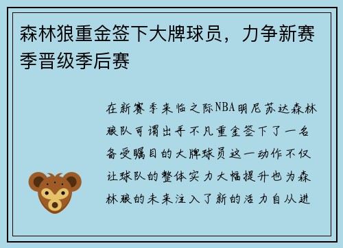 森林狼重金签下大牌球员，力争新赛季晋级季后赛
