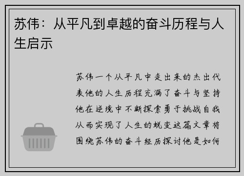 苏伟：从平凡到卓越的奋斗历程与人生启示