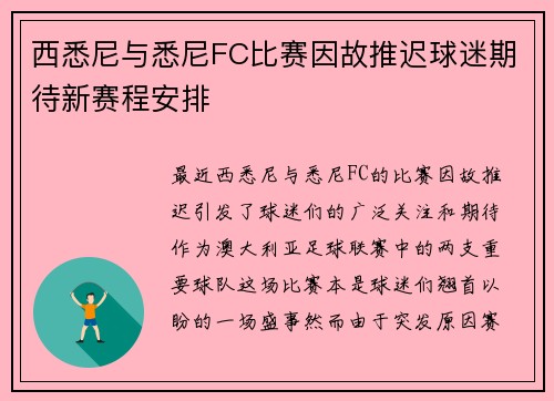 西悉尼与悉尼FC比赛因故推迟球迷期待新赛程安排