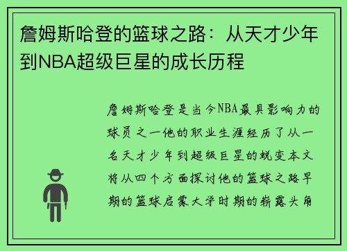 詹姆斯哈登的篮球之路：从天才少年到NBA超级巨星的成长历程