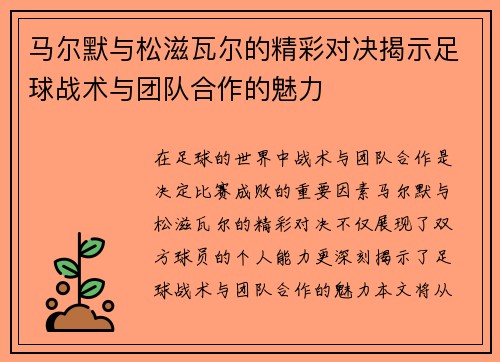 马尔默与松滋瓦尔的精彩对决揭示足球战术与团队合作的魅力