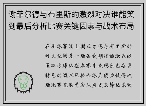 谢菲尔德与布里斯的激烈对决谁能笑到最后分析比赛关键因素与战术布局