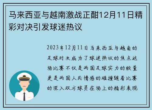 马来西亚与越南激战正酣12月11日精彩对决引发球迷热议