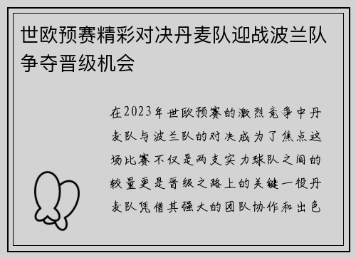 世欧预赛精彩对决丹麦队迎战波兰队争夺晋级机会