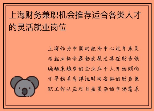 上海财务兼职机会推荐适合各类人才的灵活就业岗位