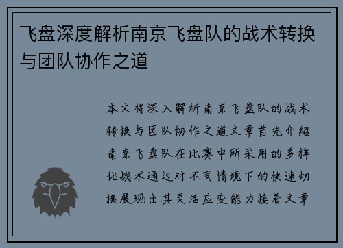 飞盘深度解析南京飞盘队的战术转换与团队协作之道