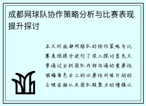 成都网球队协作策略分析与比赛表现提升探讨