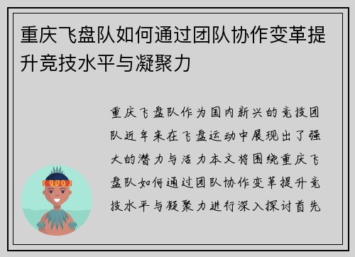 重庆飞盘队如何通过团队协作变革提升竞技水平与凝聚力